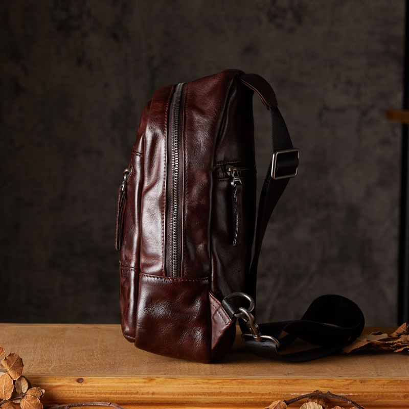 手工植鞣牛皮胸包男士戶外休閒單肩斜挎包個性百搭多功能真皮男包