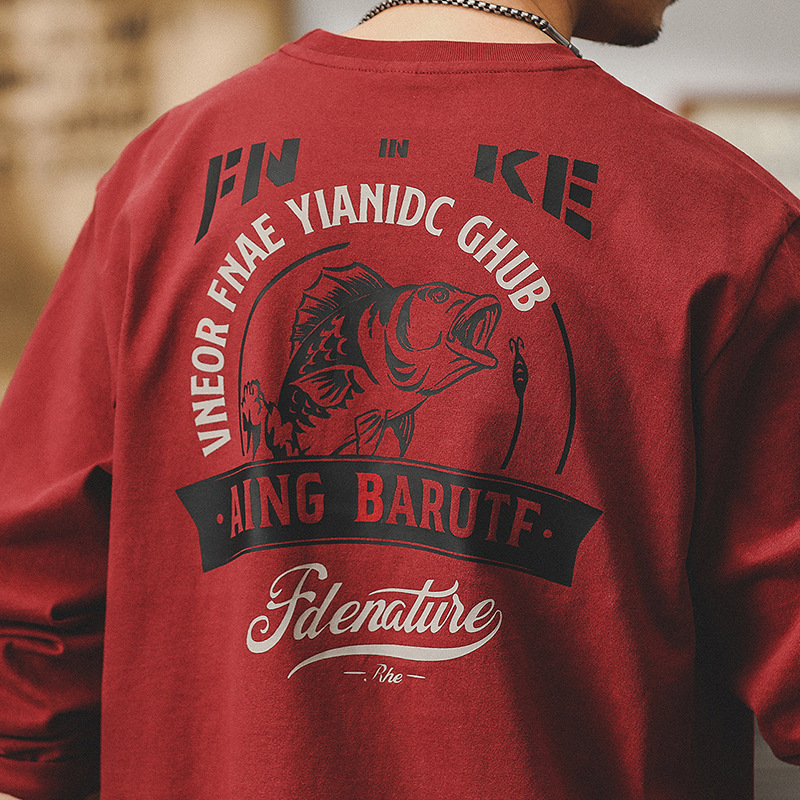 美式260g重磅長袖T恤男春季2024新款寬鬆上衣潮牌紅色衣服男