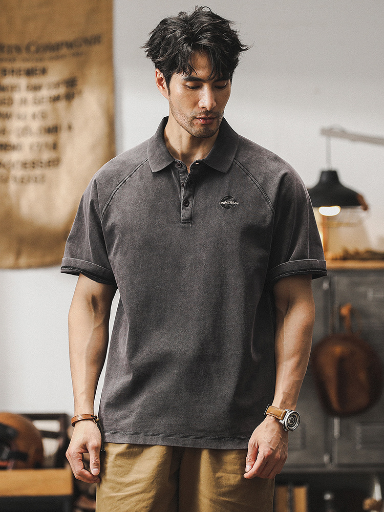 美式復古重磅T恤男式短袖夏季做舊古著上衣寬鬆休閒Polo衫男