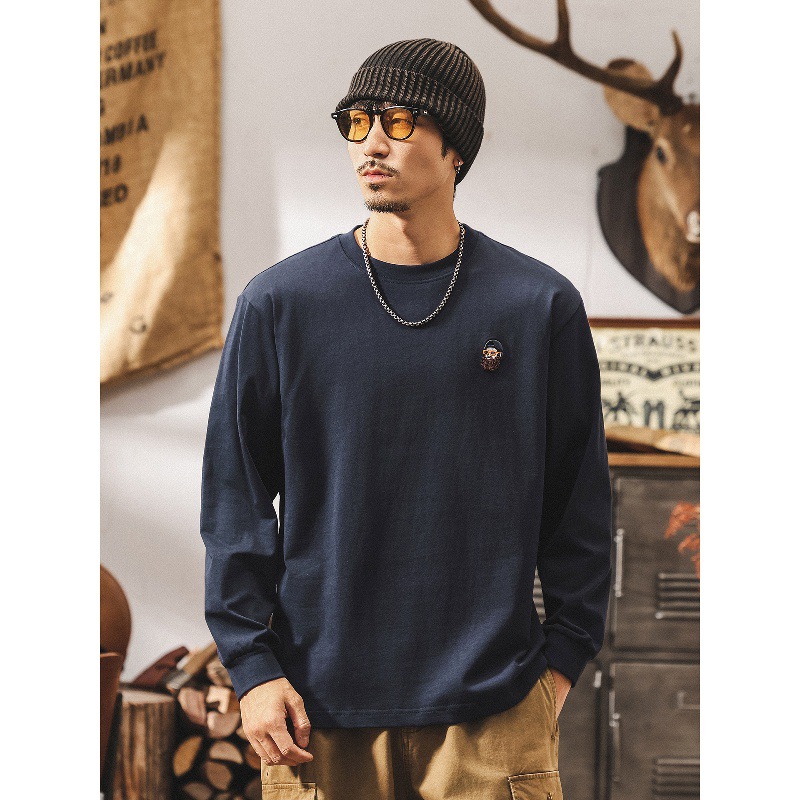 美式復古260g重磅t恤男長袖春秋新款潮牌刺繡寬鬆休閒體恤男