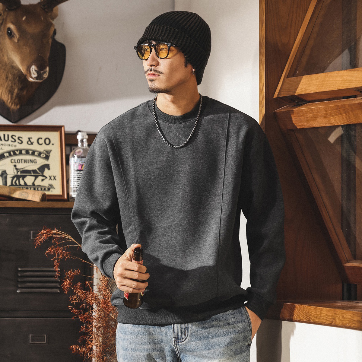 美式復古380g重磅圓領衛衣男春秋新款簡約拼接寬鬆休閒早秋上衣男