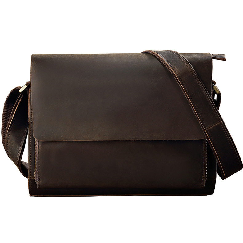 原創瘋馬皮單肩包男橫款方形真皮男包斜挎包牛皮郵差包休閒男包包