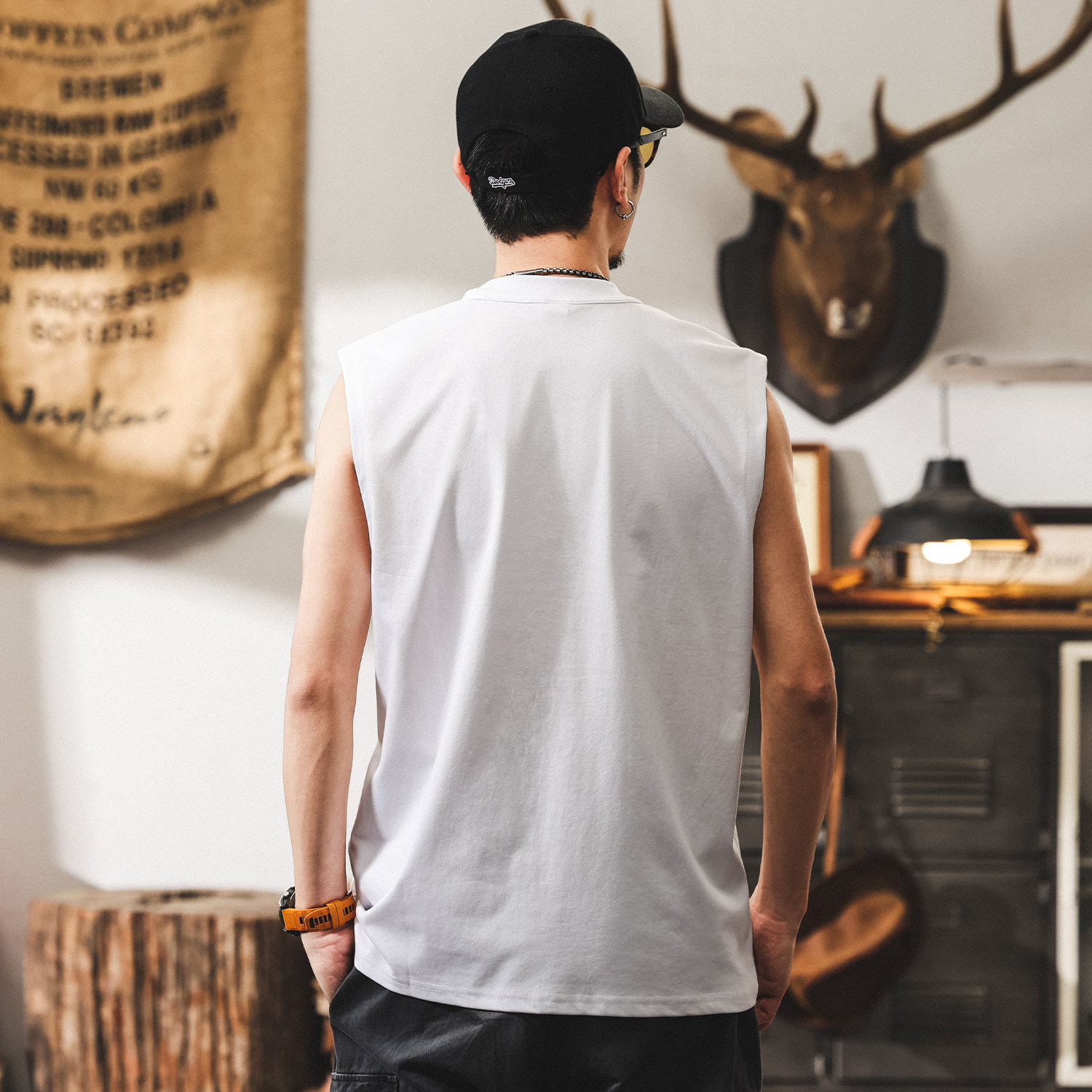 美式復古無袖T恤男夏季寬鬆透氣籃球坎肩上衣潮牌運動健身背心男