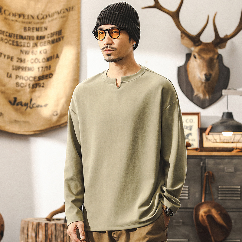 萊賽爾抗皺絲滑質感長袖T恤男秋季美式復古重磅內搭保暖打底衫男