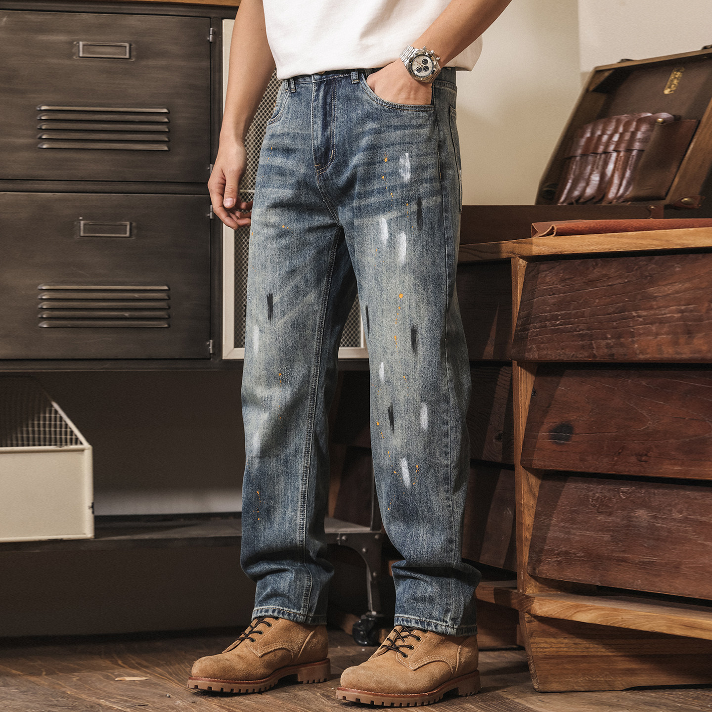 美式復古高街水洗潑墨牛仔褲男士春季潮牌新款寬鬆直筒休閒長褲子