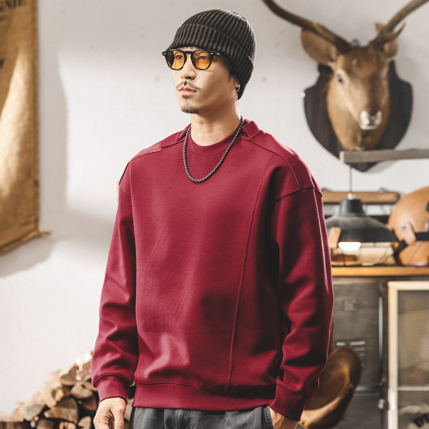 美式復古480g重磅衛衣男春秋2025新款拼接酒紅色寬鬆男士秋季上衣