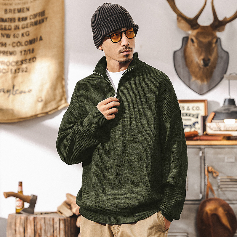 美式復古710g重磅毛衣男冬季加厚半高領拉鏈慵懶風針織毛衫外套男