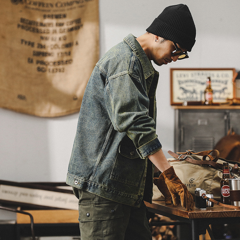 美式復古黃泥染牛仔外套男春季2024新款潮牌痞帥男士休閒工裝夾克