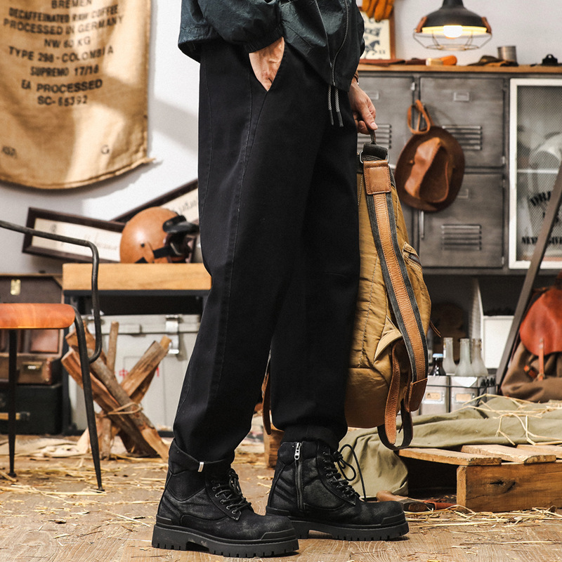 美式復古黑色工裝褲男秋裝2024新款潮牌寬鬆小白布休閒男褲長褲