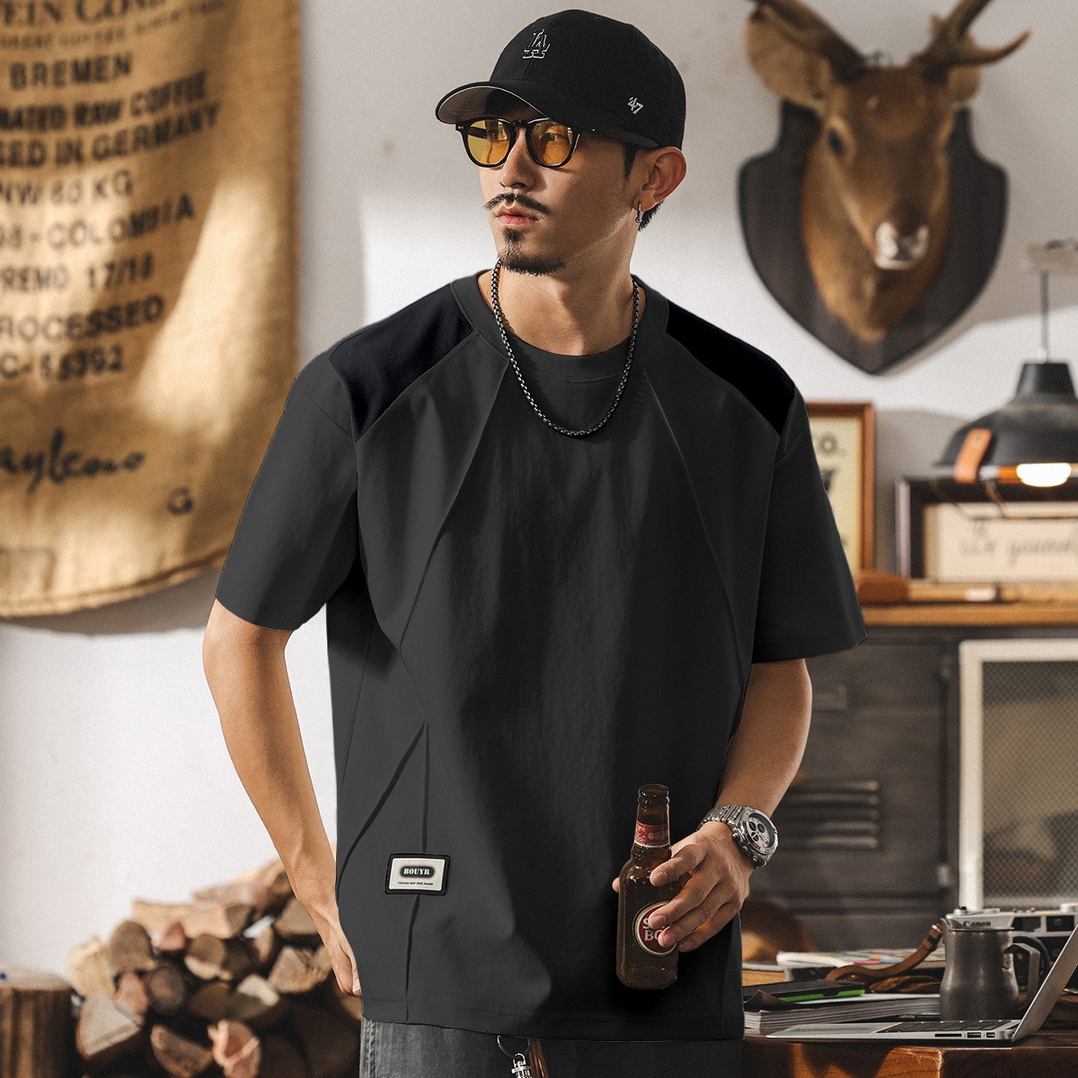 美式潮流短袖T恤男夏季新款潮牌設計感拼接體恤男士寬鬆休閒上衣T