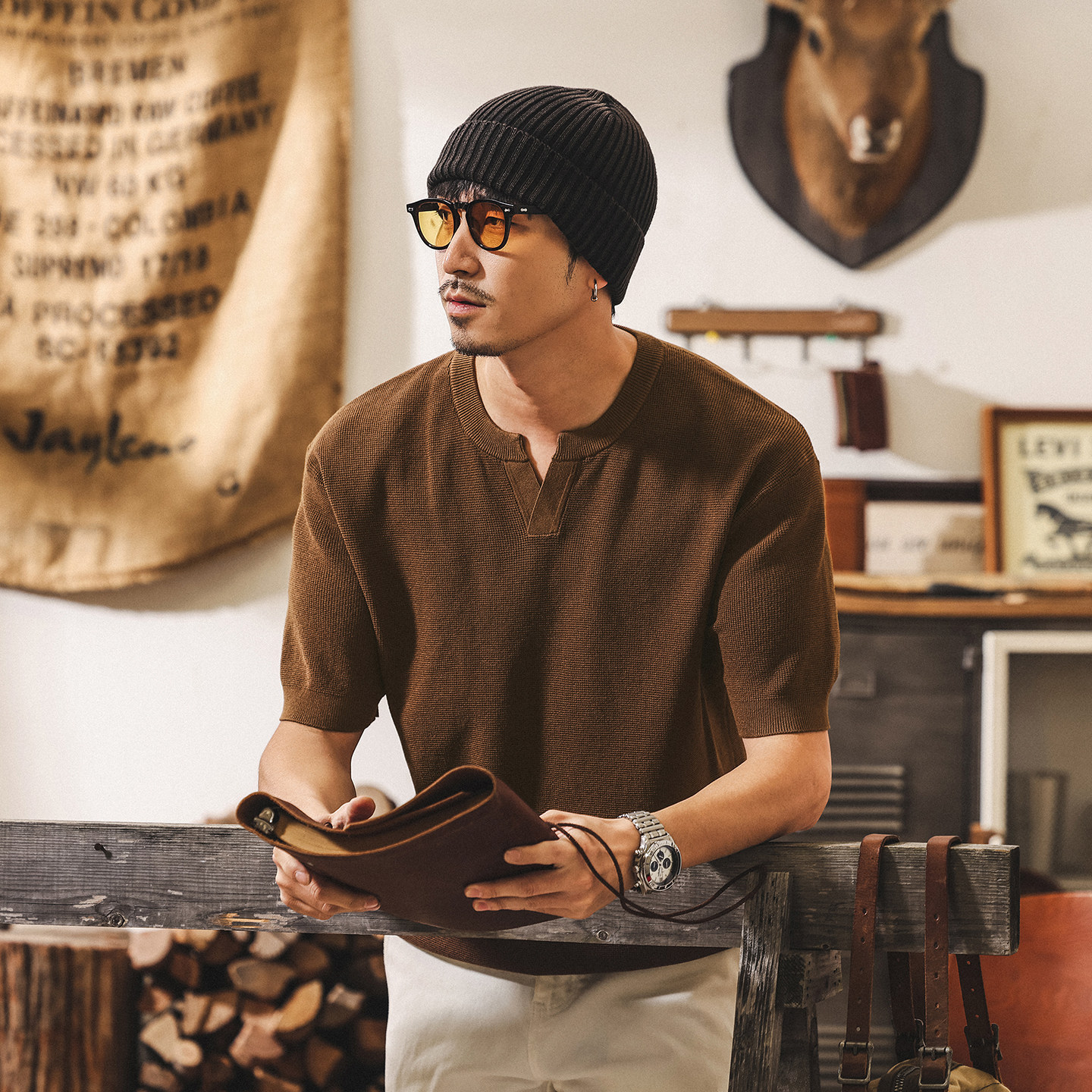 美式復古老錢風針織男士短袖T恤夏季新款寬鬆潮牌亨利領Polo衫男