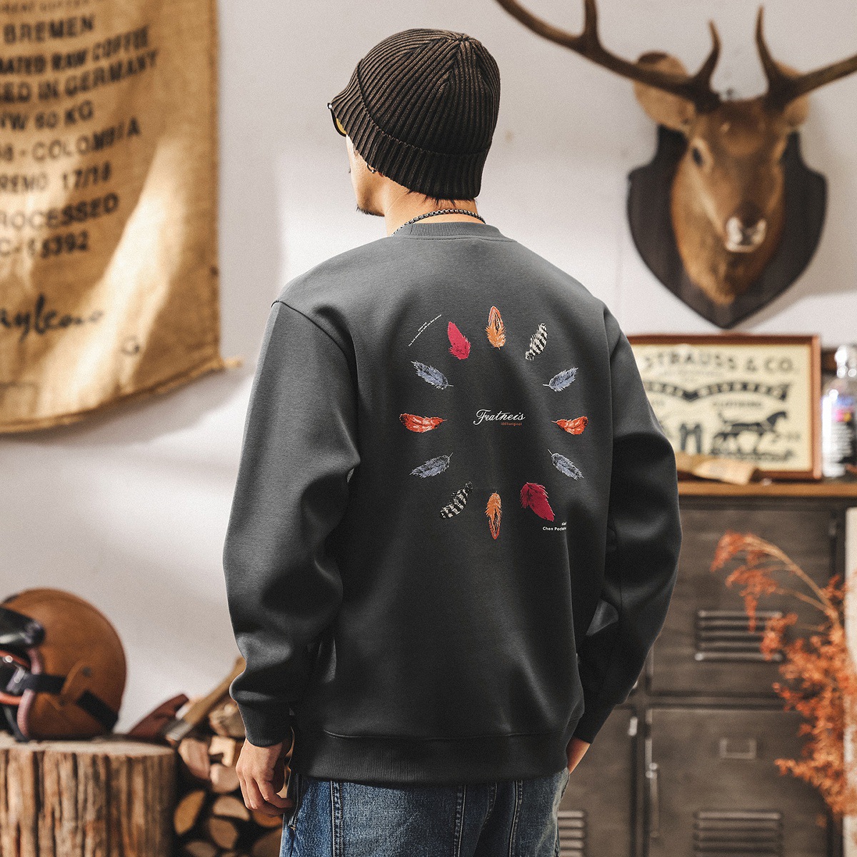 美式復古360g重磅男士秋季衛衣2025新款潮流印花寬鬆長袖圓領上衣