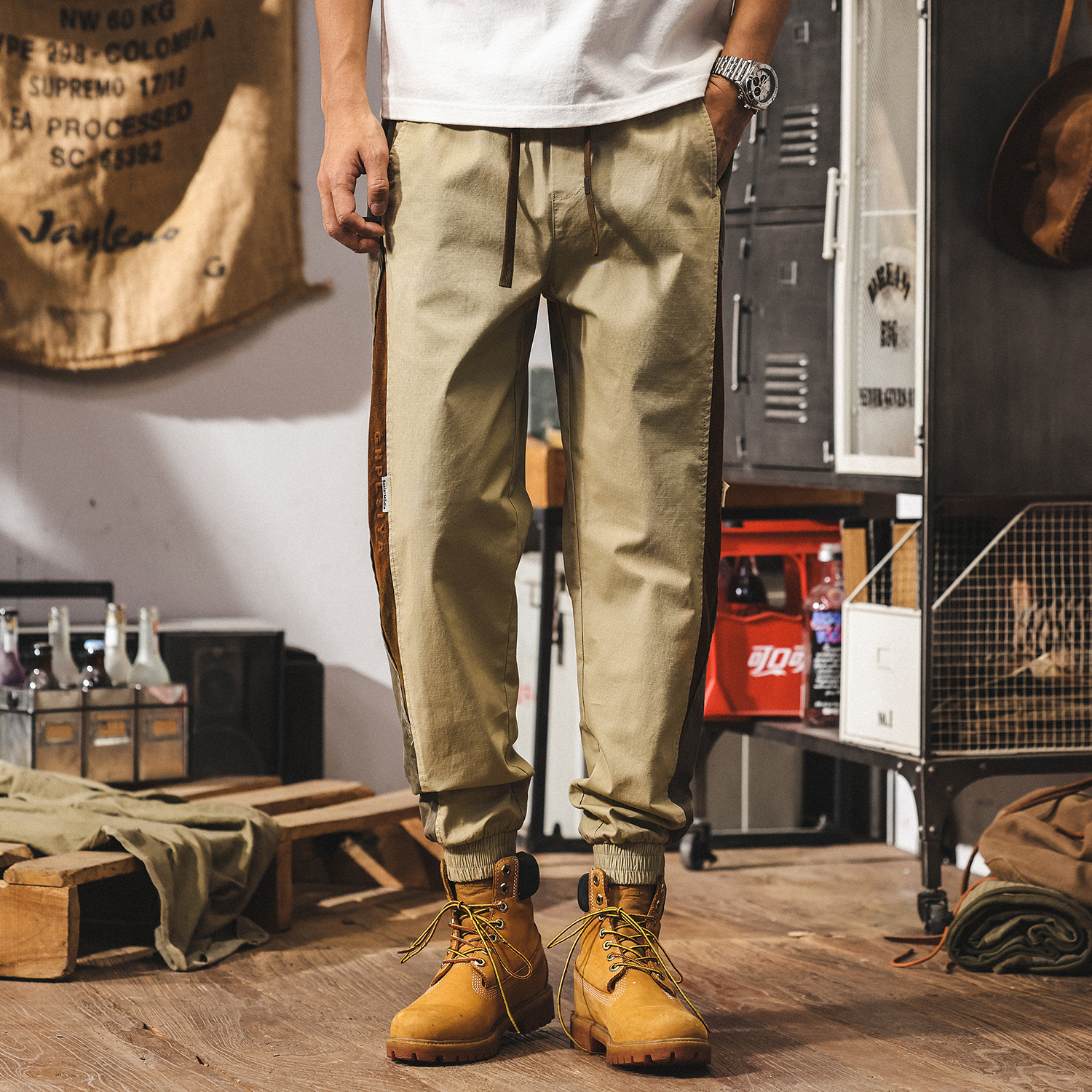 美式復古拼色設計工裝褲子男款夏季潮牌寬鬆直筒卡其色男士休閒褲