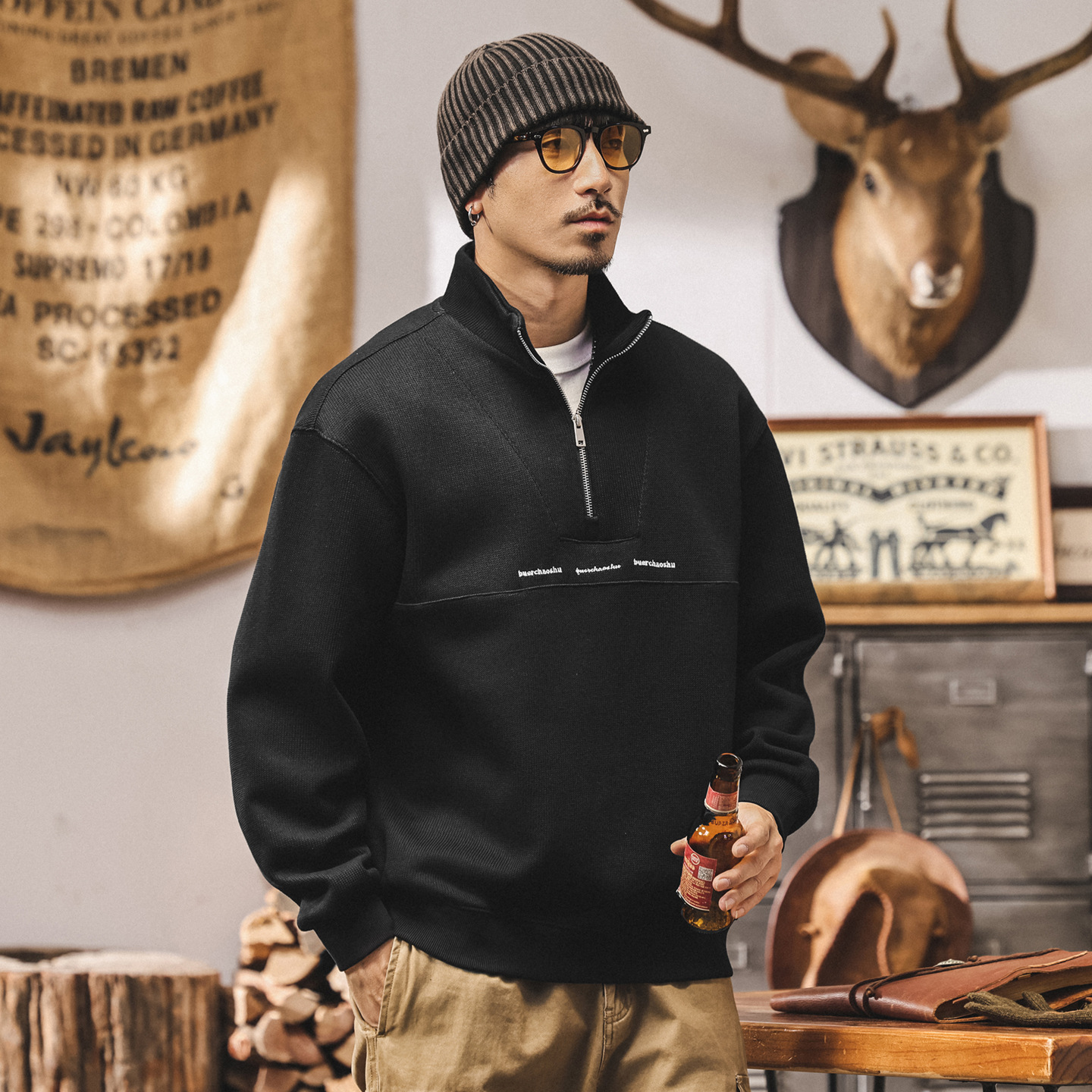 美式復古半拉鍊黑色衛衣男春秋寬鬆新款400g重磅潮牌男士秋季外套