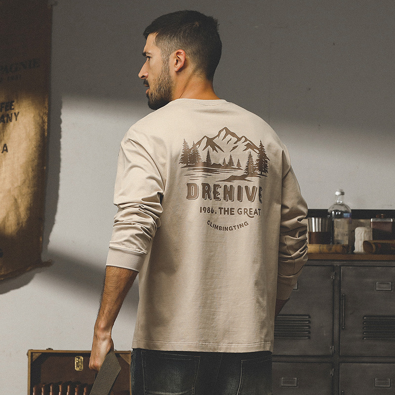 美式重磅複古長袖t恤男2024新款潮牌秋季上衣寬松大碼衣服男