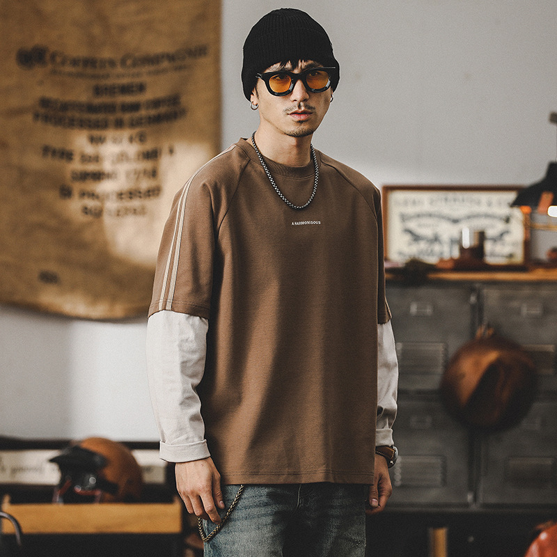 280g重磅T恤男長袖2024年新款假兩件拼接潮牌男士上衣寬鬆衣服男