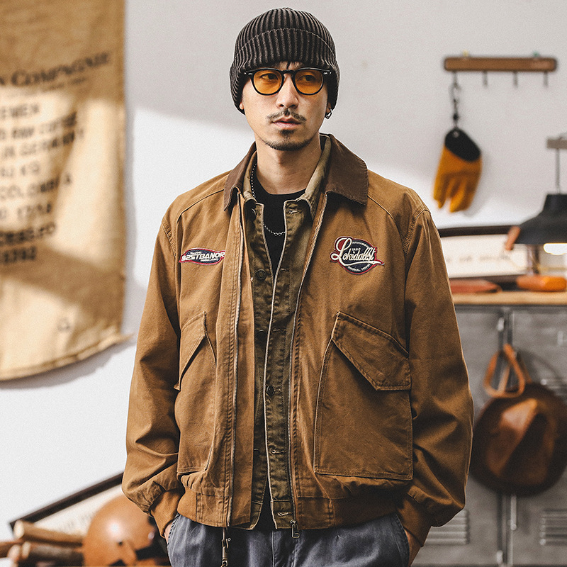 美式經典復古底特律工裝外套男春秋款潮牌寬鬆休閒痞帥飛行員夾克