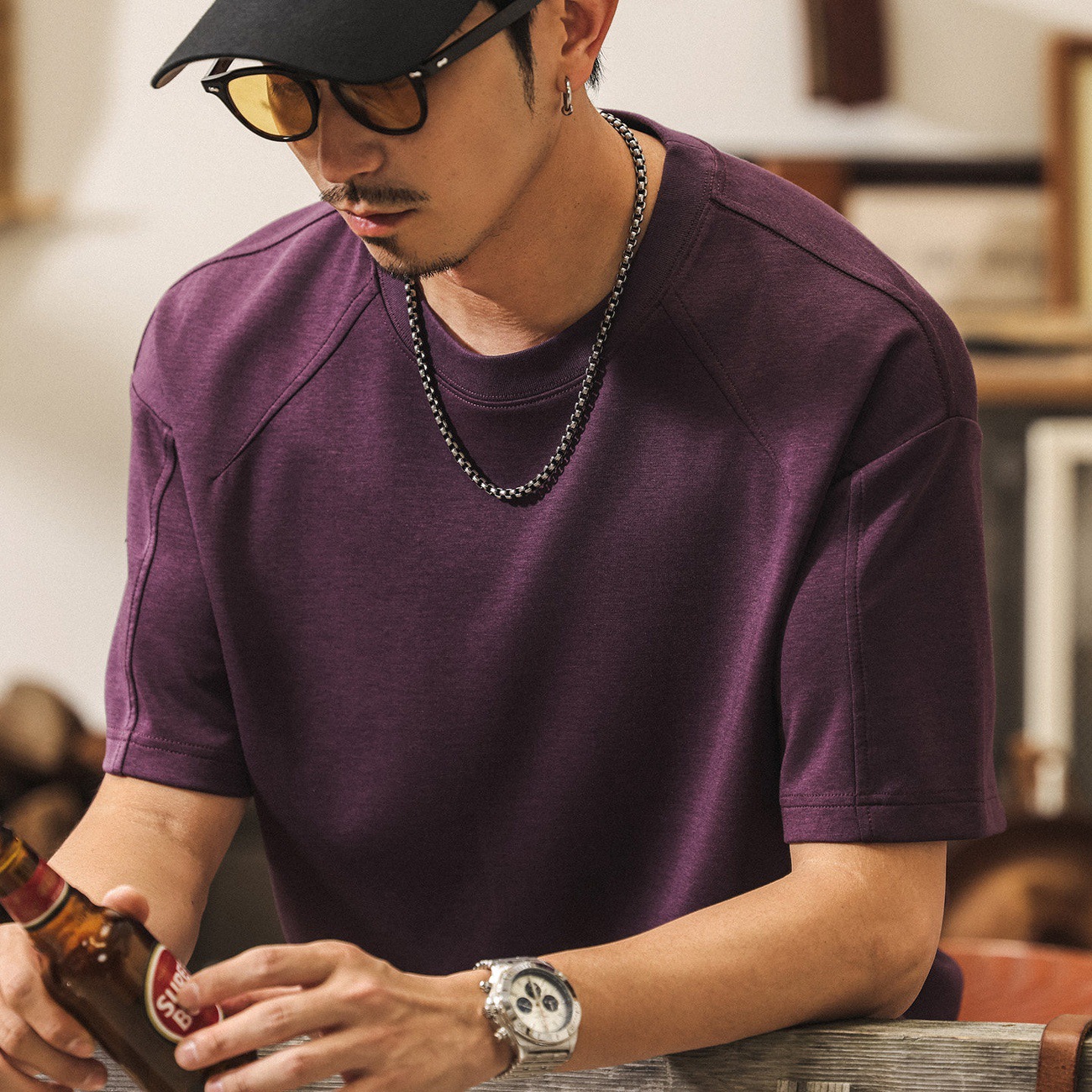 7A抗菌涼感果凍棉T恤男夏季新款美式短袖潮流紫色多巴胺男士上衣