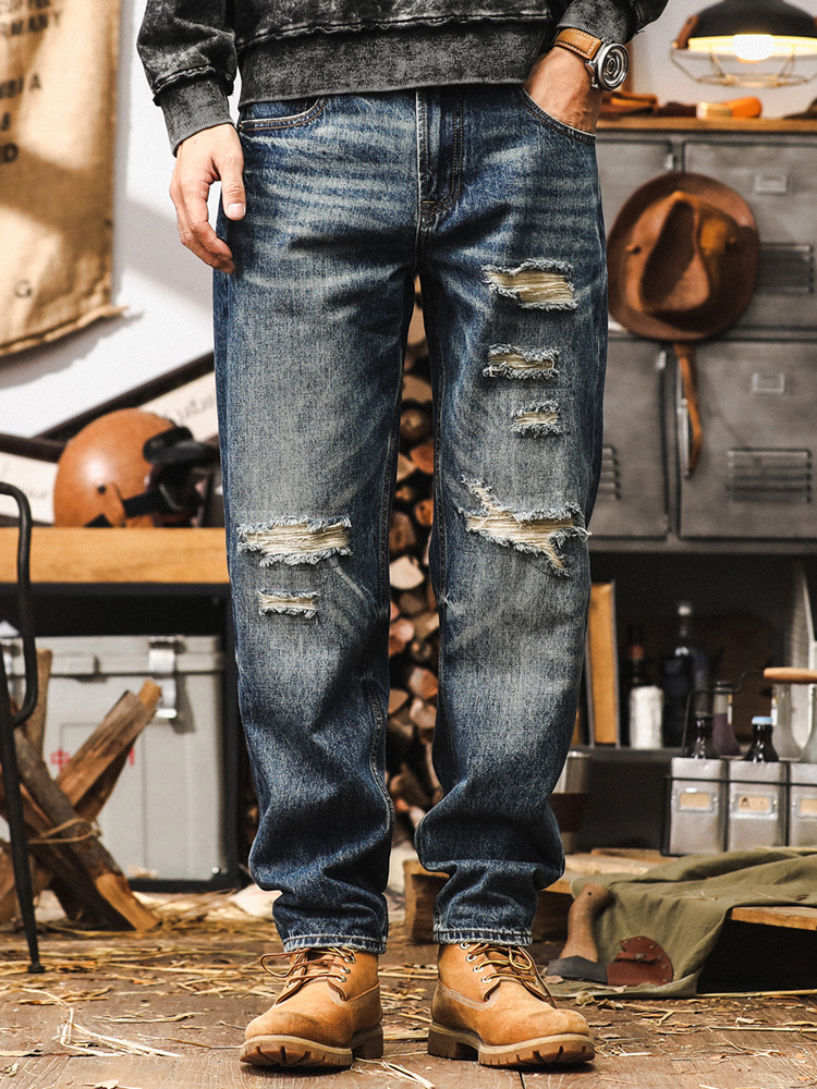 美式復古牛仔褲男寬鬆直筒2024新款潮牌男褲子秋季破洞休閒長褲男