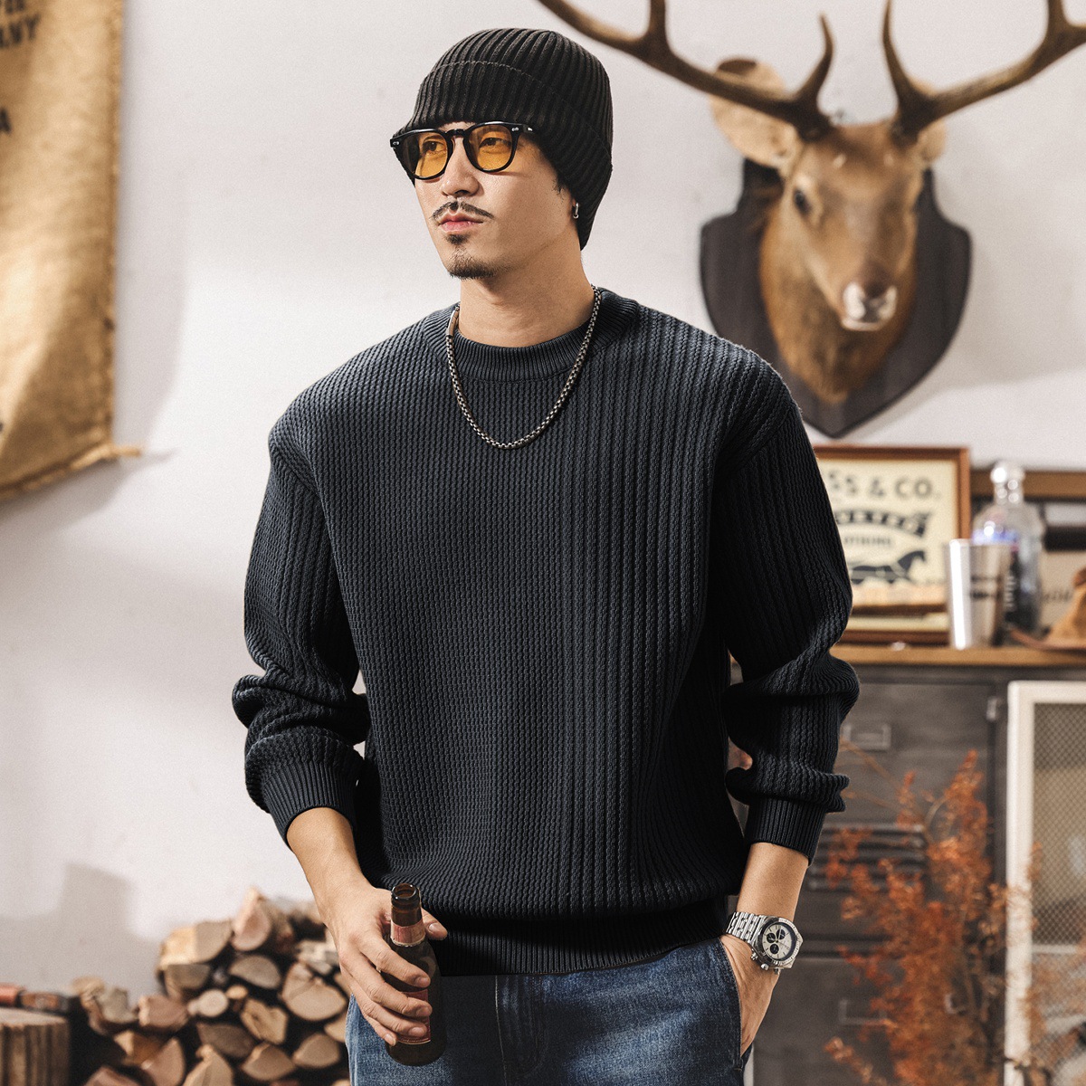 美式復古重磅圓領毛衣男春秋2025新款毛線衣寬鬆保暖針織衫上衣男