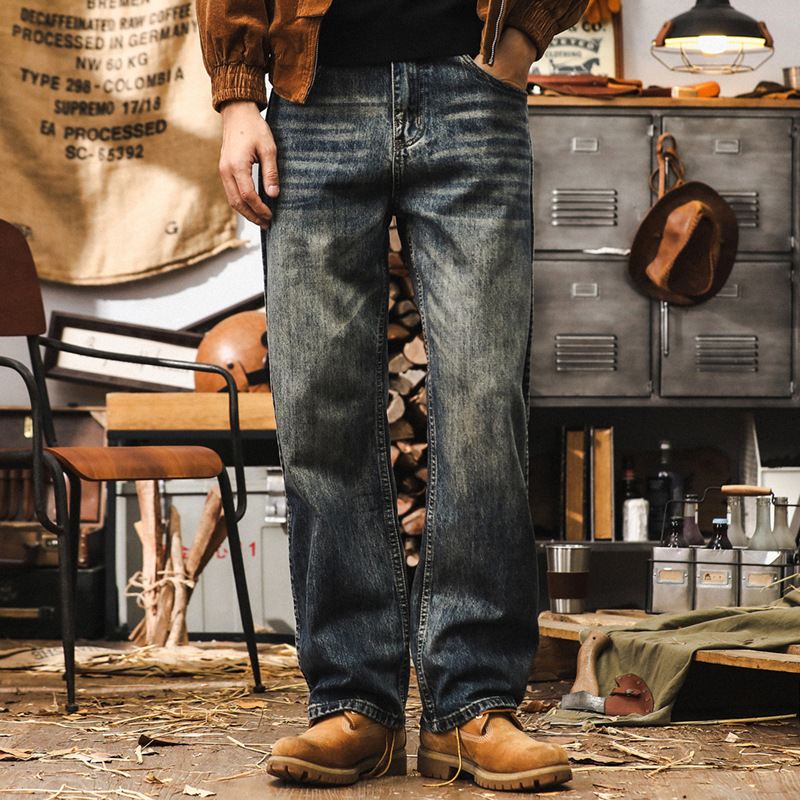 美式經典石磨做舊水洗牛仔褲男秋季寬鬆直筒長褲魚骨線設計褲子男