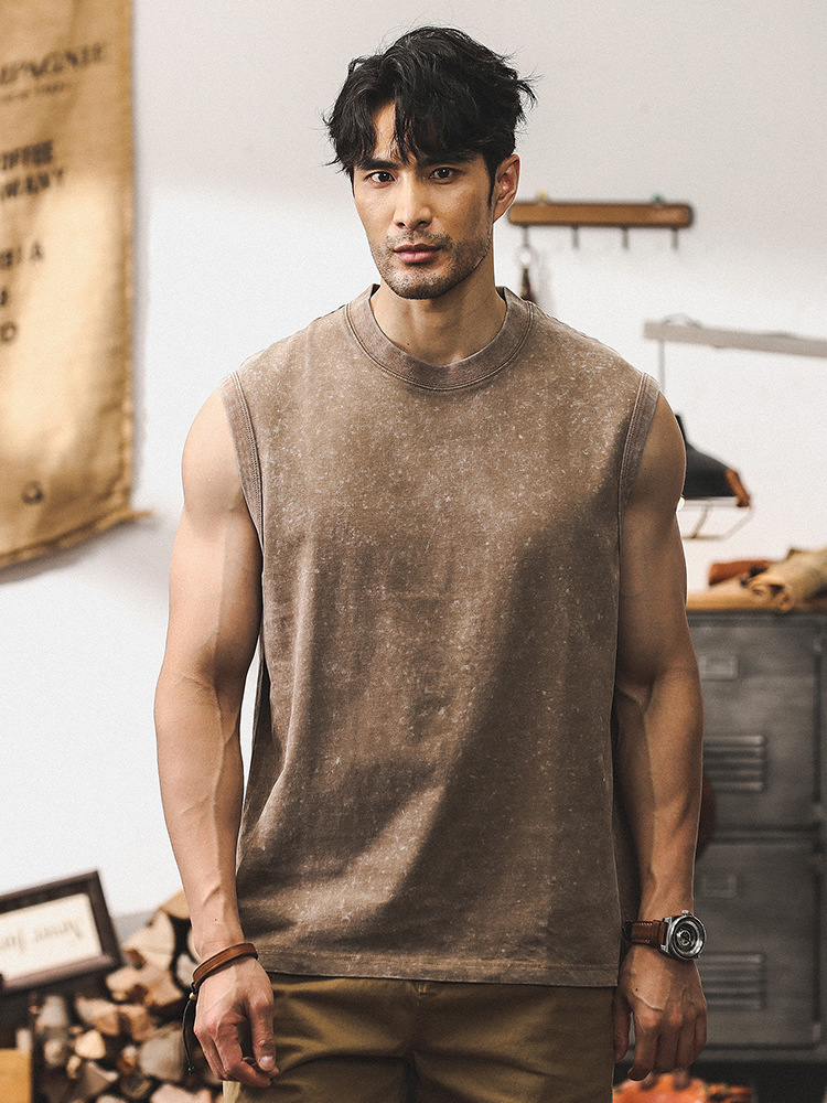 美式復古男士背心夏季寬鬆炒雪花水洗重磅T恤坎肩運動無袖上衣男T