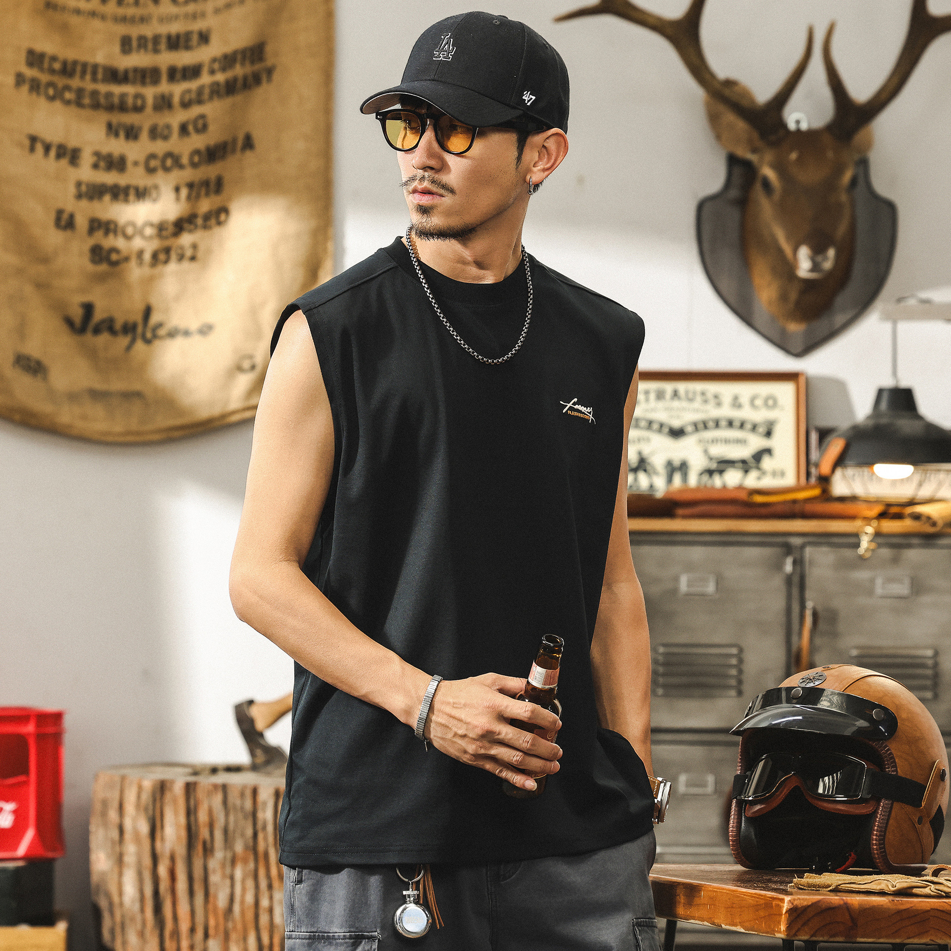 冰絲網眼運動休閒健身背心男款夏季潮牌寬鬆無袖T恤男裝坎肩上衣