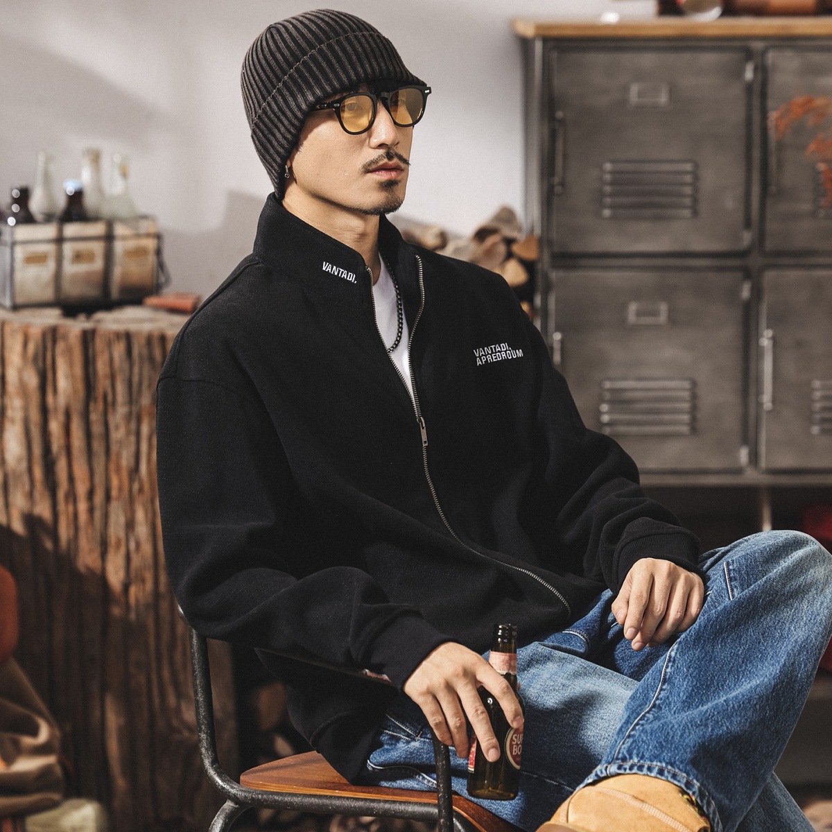 美式復古歐棉絨380g重磅衛衣男春秋潮牌新款寬鬆半高領針織外套男