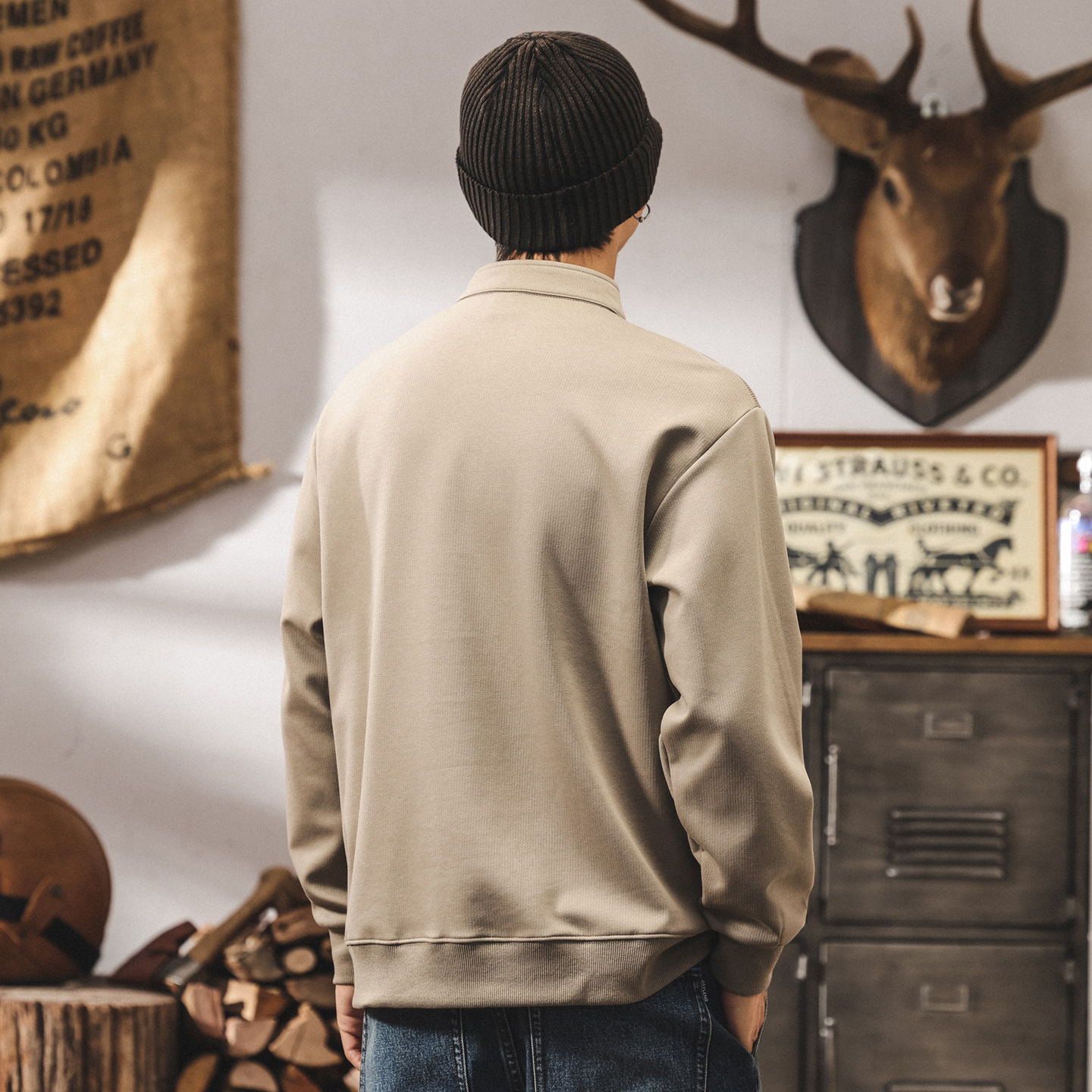 美式復古亨利領重磅衛衣男秋季新款拼接撞色寬鬆大碼休閒立領上衣