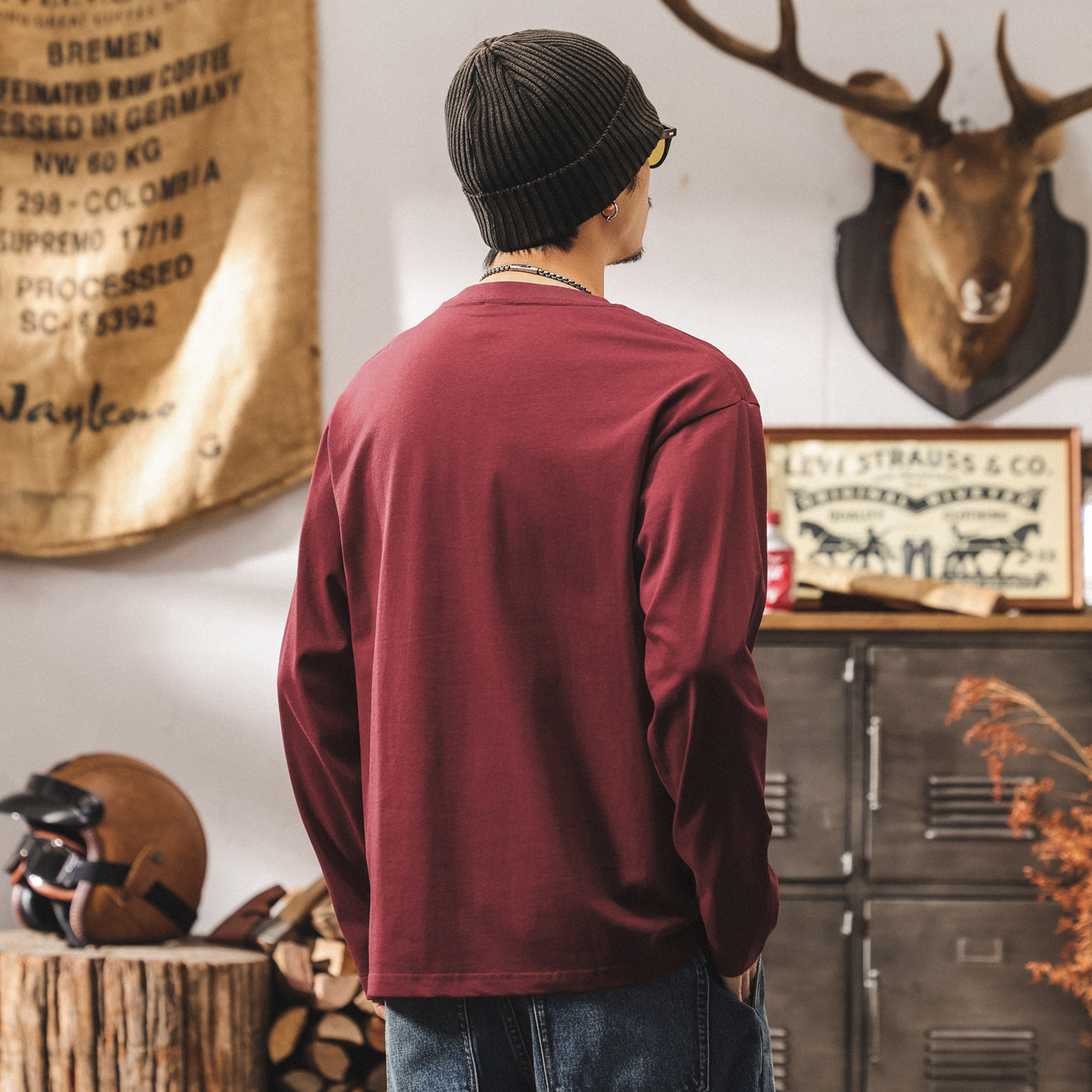 美式復古230g重磅t恤男長袖秋季新款簡約寬鬆休閒棗紅色男裝上衣T