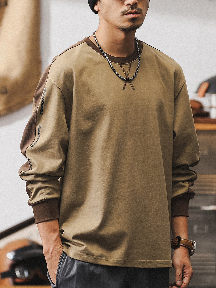 美式複古280g重磅長袖T恤男秋季撞色拼接體恤2024新款寬松衣服男