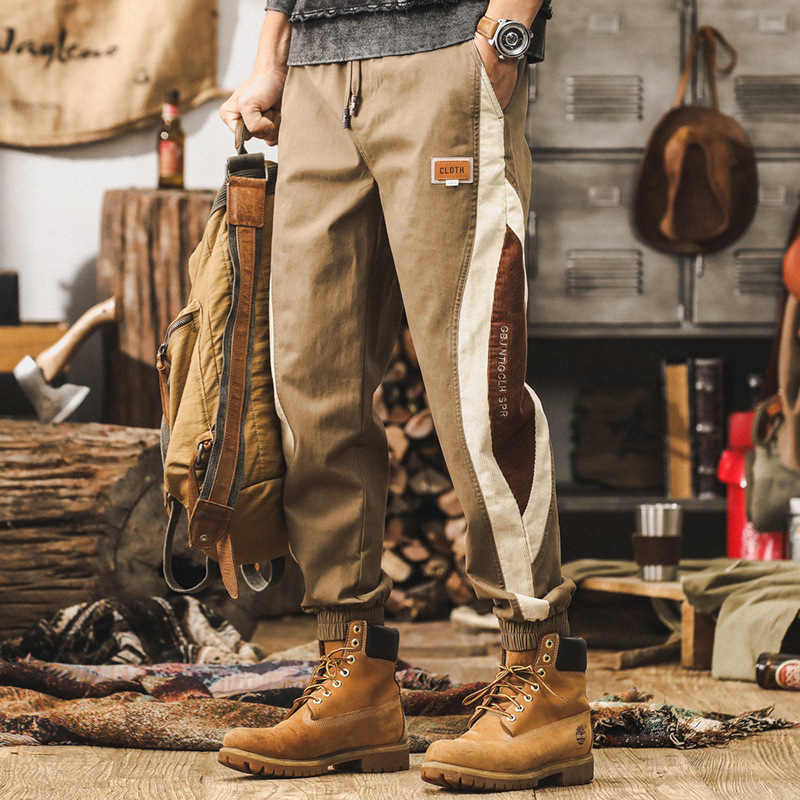 美式復古工裝褲子男秋季2024新款戶外潮牌寬鬆拼接束腳休閒長褲男