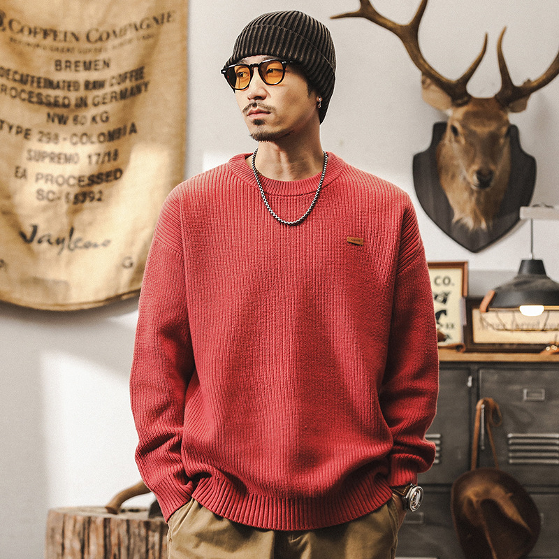 美式復古550g重磅珊瑚紅毛衣男冬季潮牌寬鬆簡約百搭針織衫秋冬款