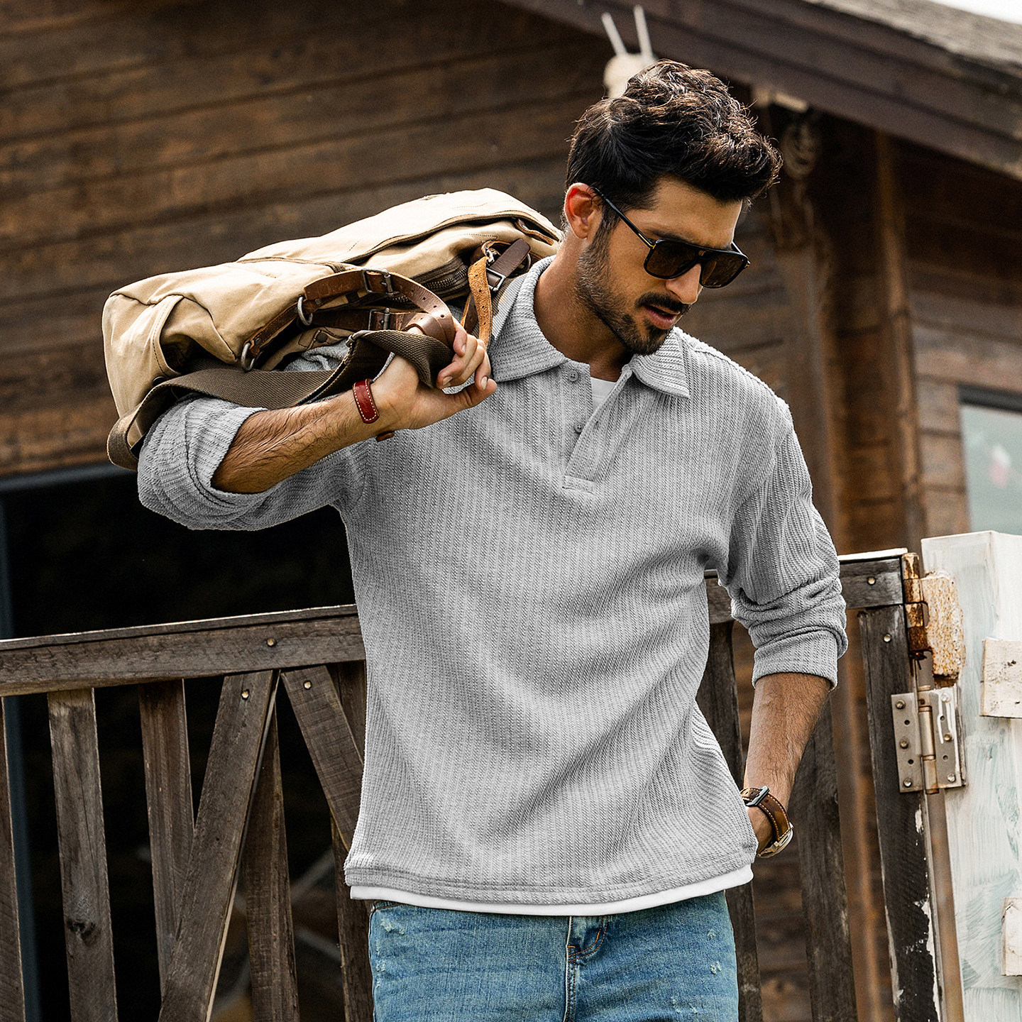 美式復古長袖Polo衫男春季新款提花針織重磅T恤潮流假兩件上衣男