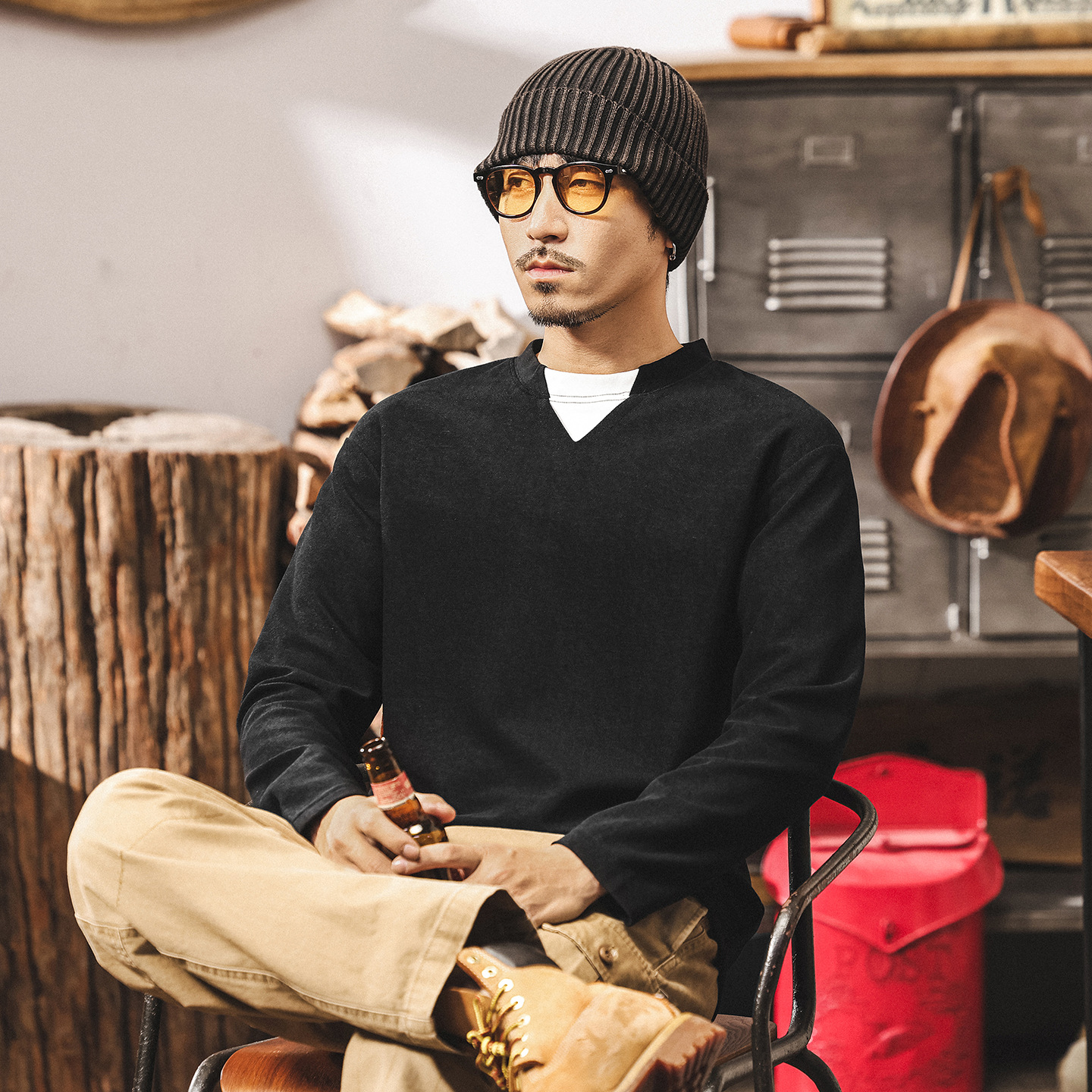 高級感軟糯萊賽爾長袖t恤男秋季2025新款寬鬆美式復古假兩件上衣T