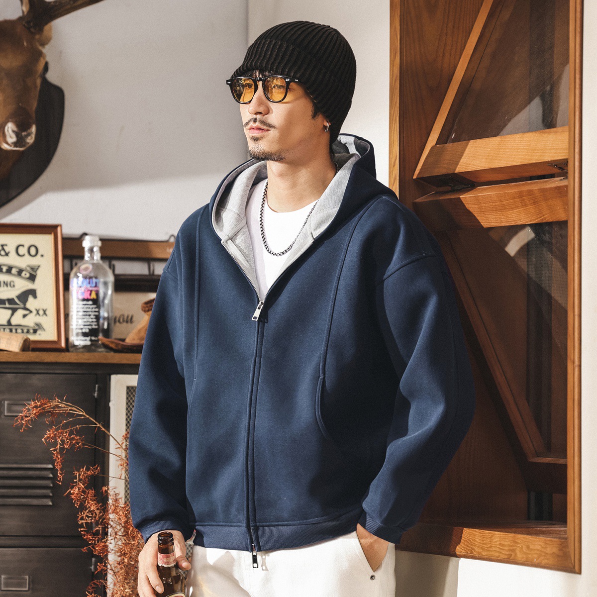 美式復古重磅開衫連帽衛衣男春秋新款雙拉鍊外套男士秋冬寬鬆上衣