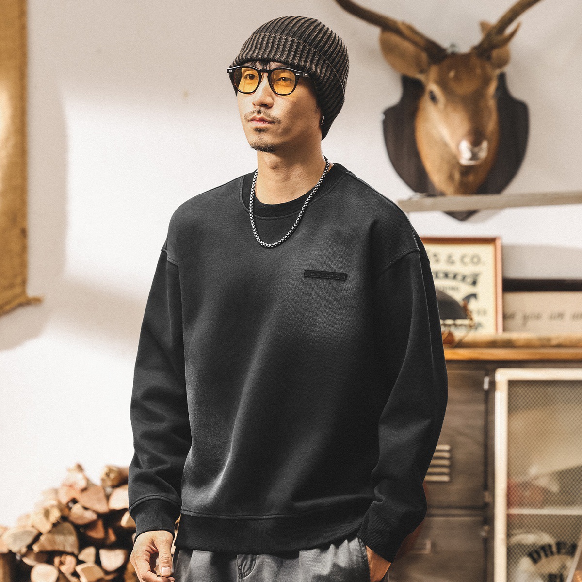 美式360g重磅衛衣男2025新款秋季寬鬆圓領安可拉紅復古春秋外套男