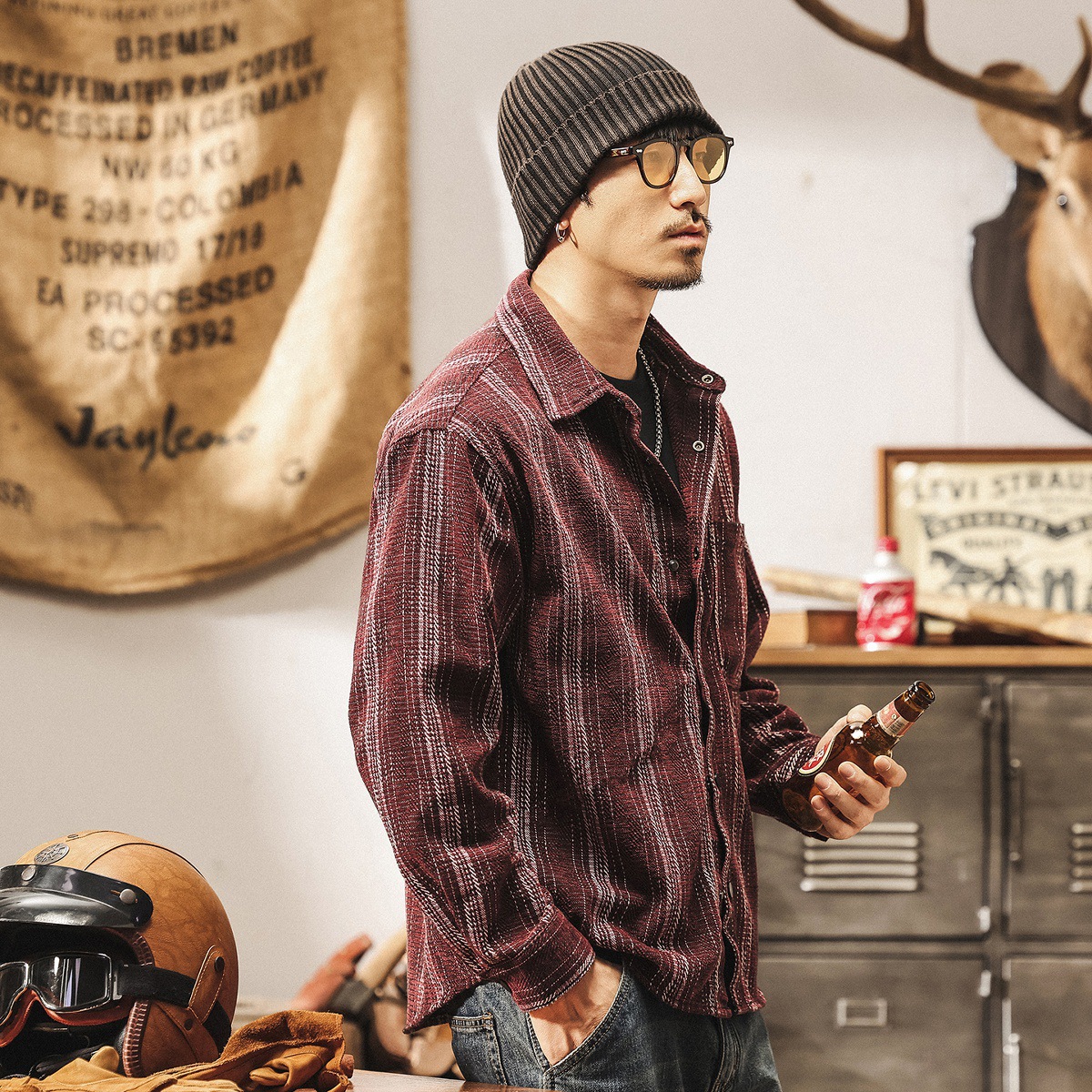 美式復古雪尼爾條紋提花襯衫外套男春秋新款寬鬆古着休閒長袖襯衣