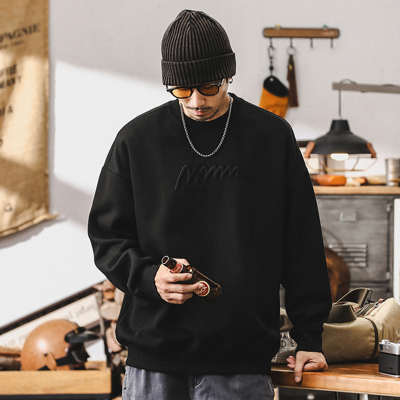 美式復古新疆長絨棉重磅黑色衛衣男款秋季2024新款潮牌寬鬆上衣男