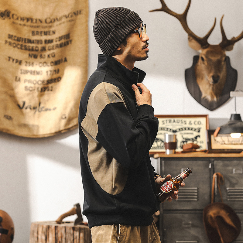 美式重磅復古黑色衛衣男秋季潮牌拼接設計半拉鍊潮流男士寬鬆上衣