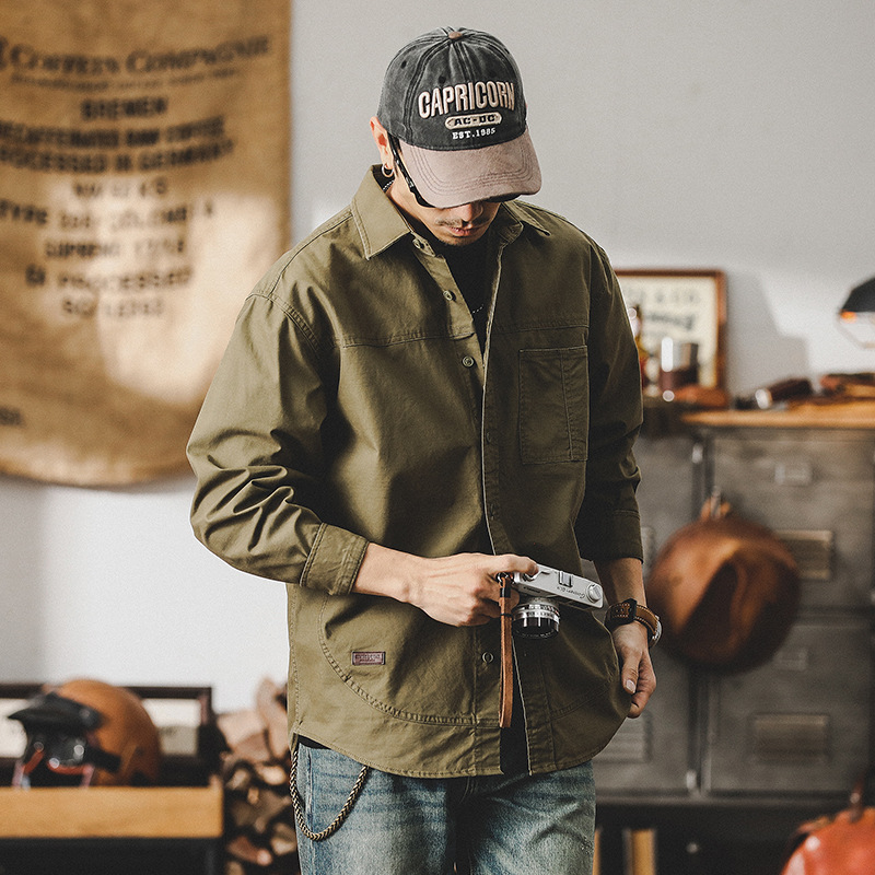 美式復古工裝長袖襯衫男寬鬆潮牌2024新款男士上衣春季襯衣外套男