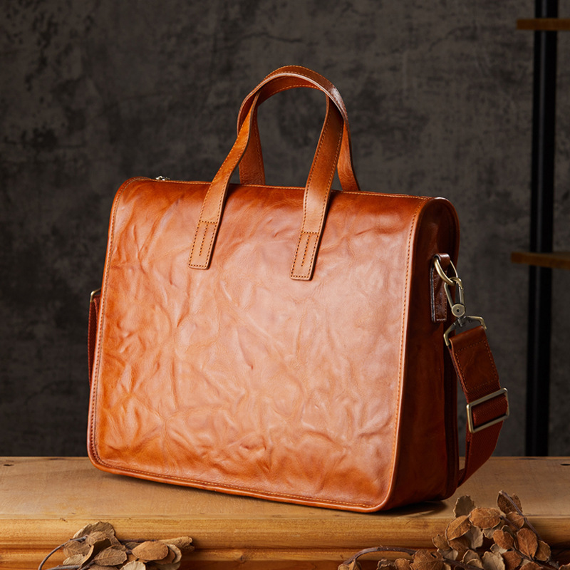 手工植鞣皮手提包男士商務包休閒時尚單肩斜挎包頭層牛皮公文包潮