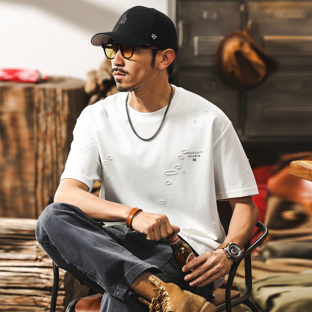 美式復古重磅短袖男款夏季潮牌破洞設計感男士T恤男寬鬆半袖上衣