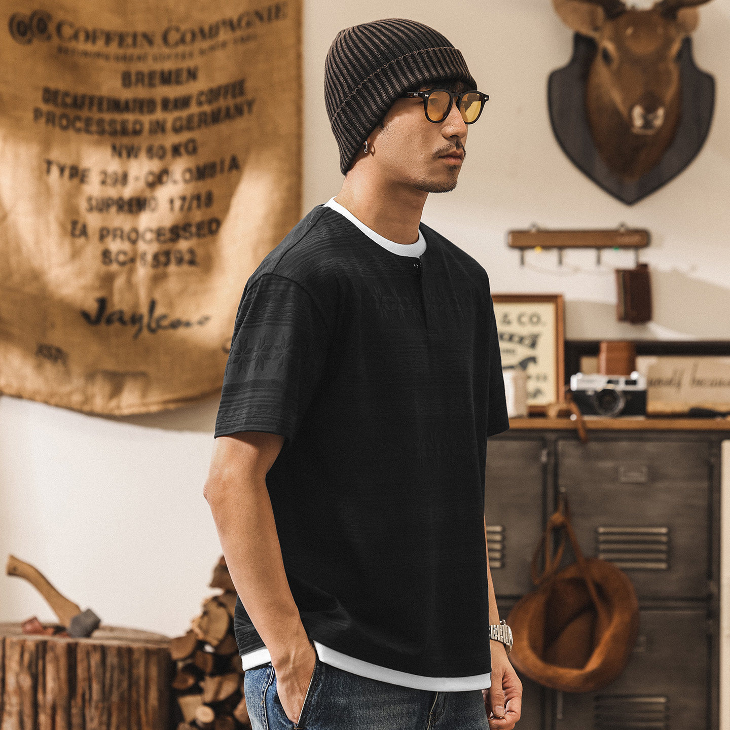 費爾島提花短袖T恤男夏季新款潮流美式復古假兩件寬鬆休閒上衣男