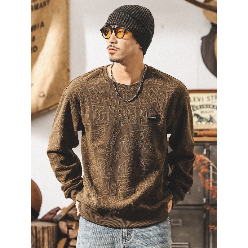 美式復古字母提花380g重磅衛衣男秋冬款潮流廓形圓領寬鬆大碼上衣