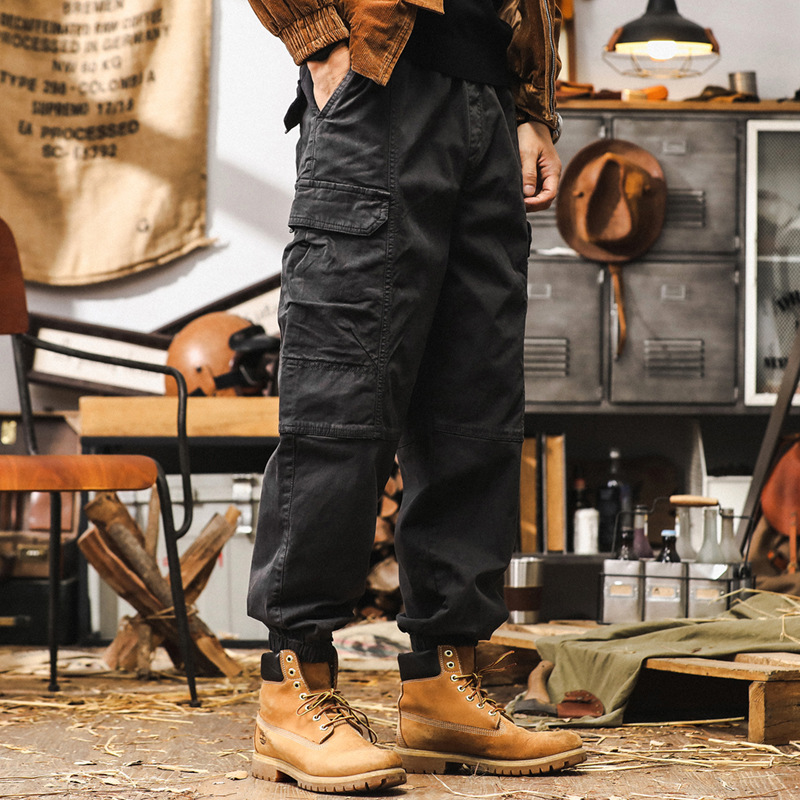 美式復古重磅工裝褲子男秋季戶外機能多口袋傘兵褲寬鬆休閒束腳褲