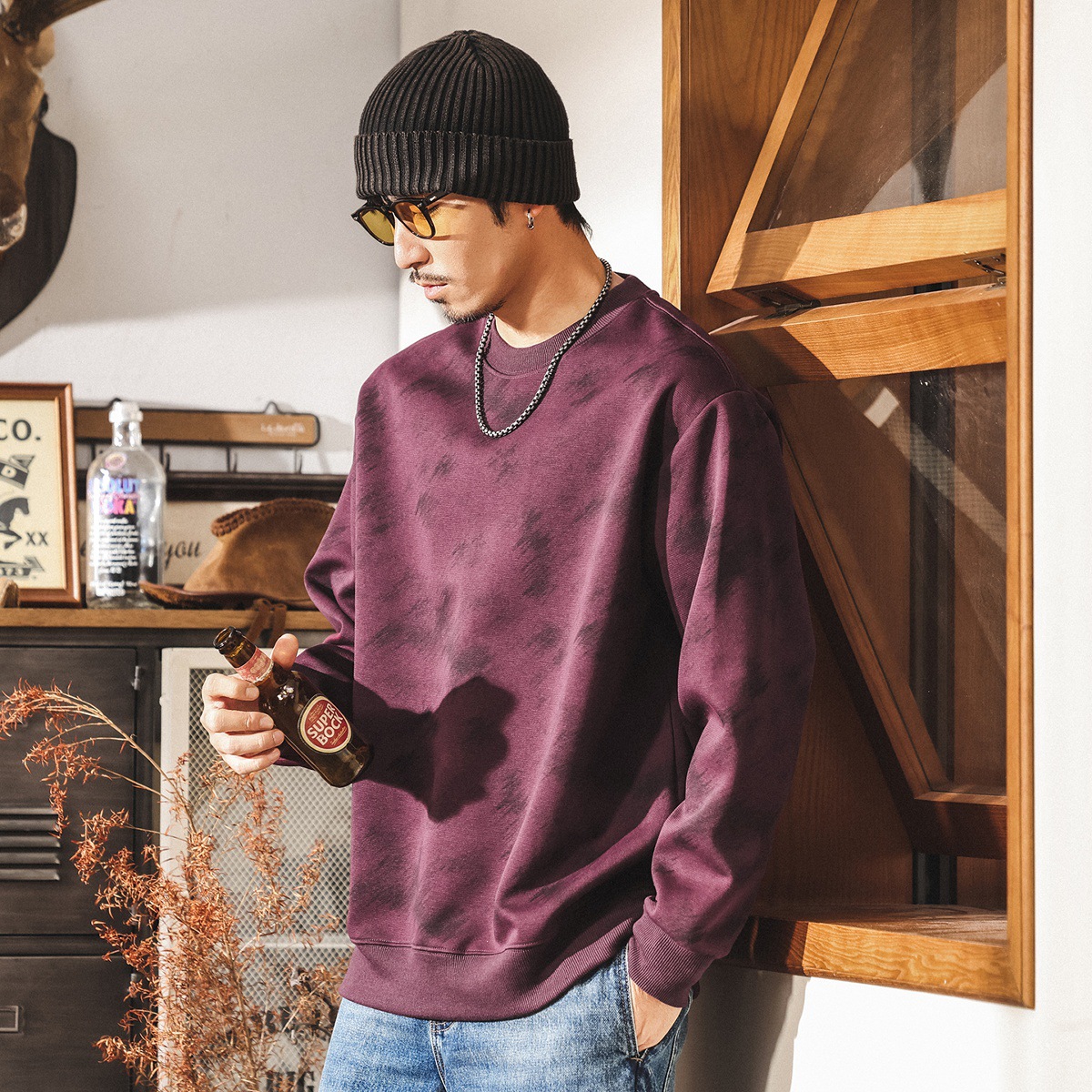 美式復古髒髒扎染重磅衛衣男2025新款潮流寬鬆大碼休閒圓領上衣男