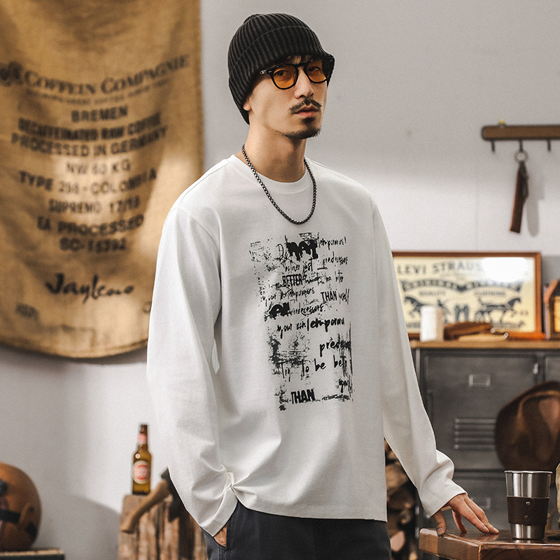 美式復古260g重磅T恤男長袖2024新款秋季創意印花寬鬆上衣男