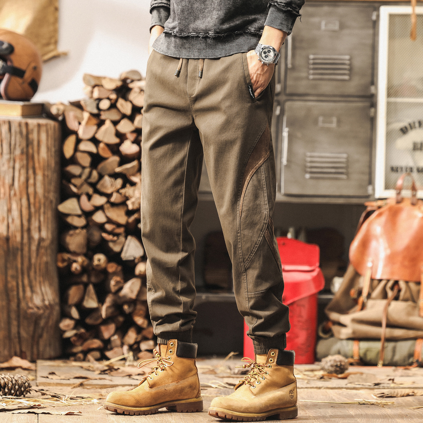 美式重磅復古工裝褲子男春秋2025新款拼接潮牌休閒褲男寬鬆束腳褲