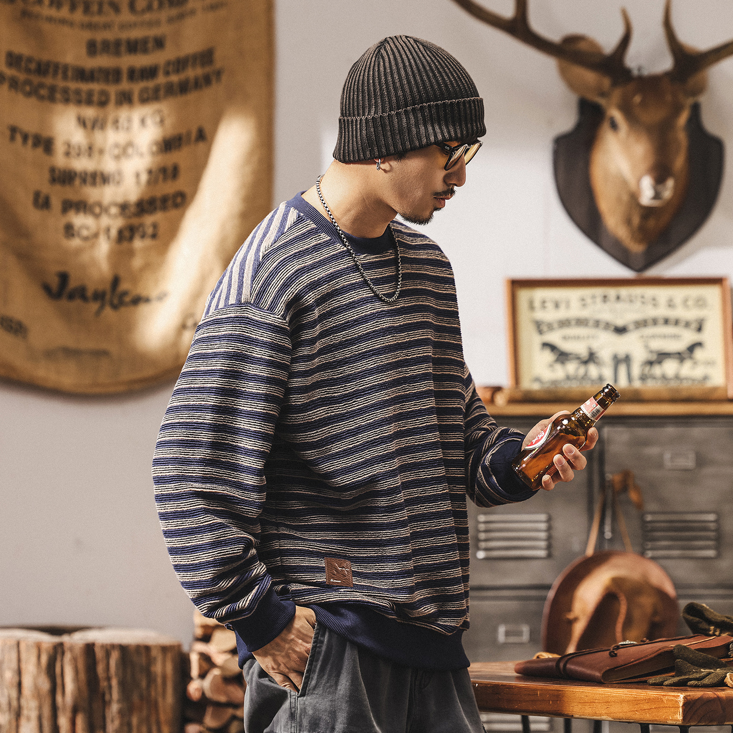 美式復古350g重磅衛衣男秋季新款潮牌肌理條紋海魂寬鬆休閒上衣男